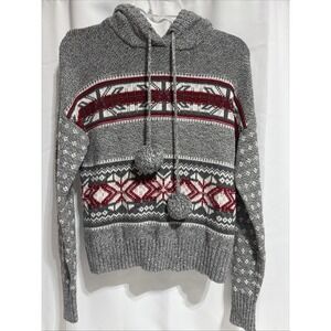YES LOLA Women's Grey Snowflake Fair Isle Sherpa Lined Hoodie‎ Sweater M